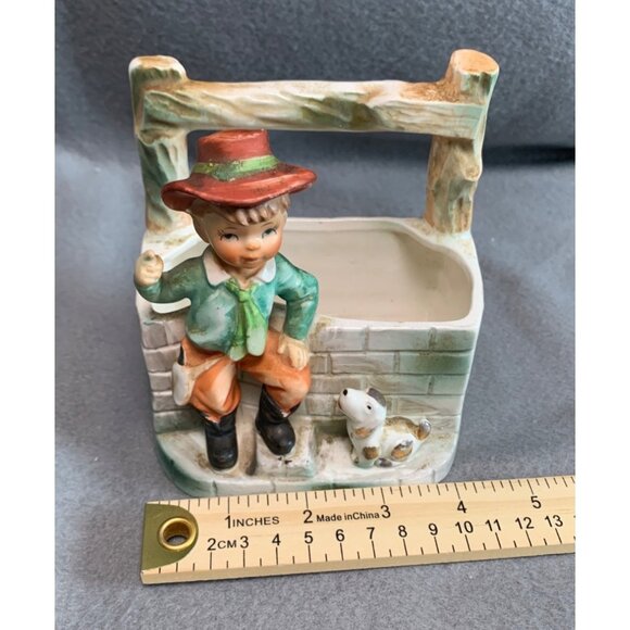 Vintage Hand-Painted Ceramic Boy with Dog at Wishing Well Planter 5" Tall - Picture 7 of 8